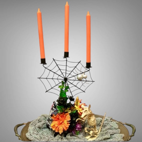Hand Crafted Other - Spiderweb candelabra with added fall floral and orange candles
